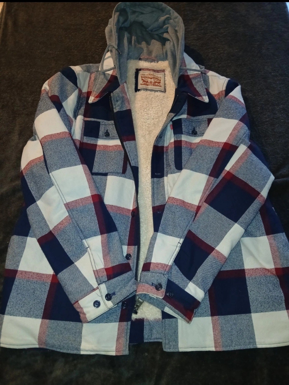 Levi's Men's Plaid Sherpa-Lined Hooded Jacket - Blue/White/RedXL